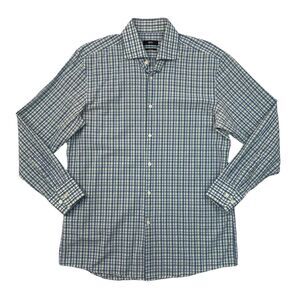 Hugo Boss Shirt Mens 16 Blue Green Slim Sharp Fit Plaid Button Up Long Sleeve